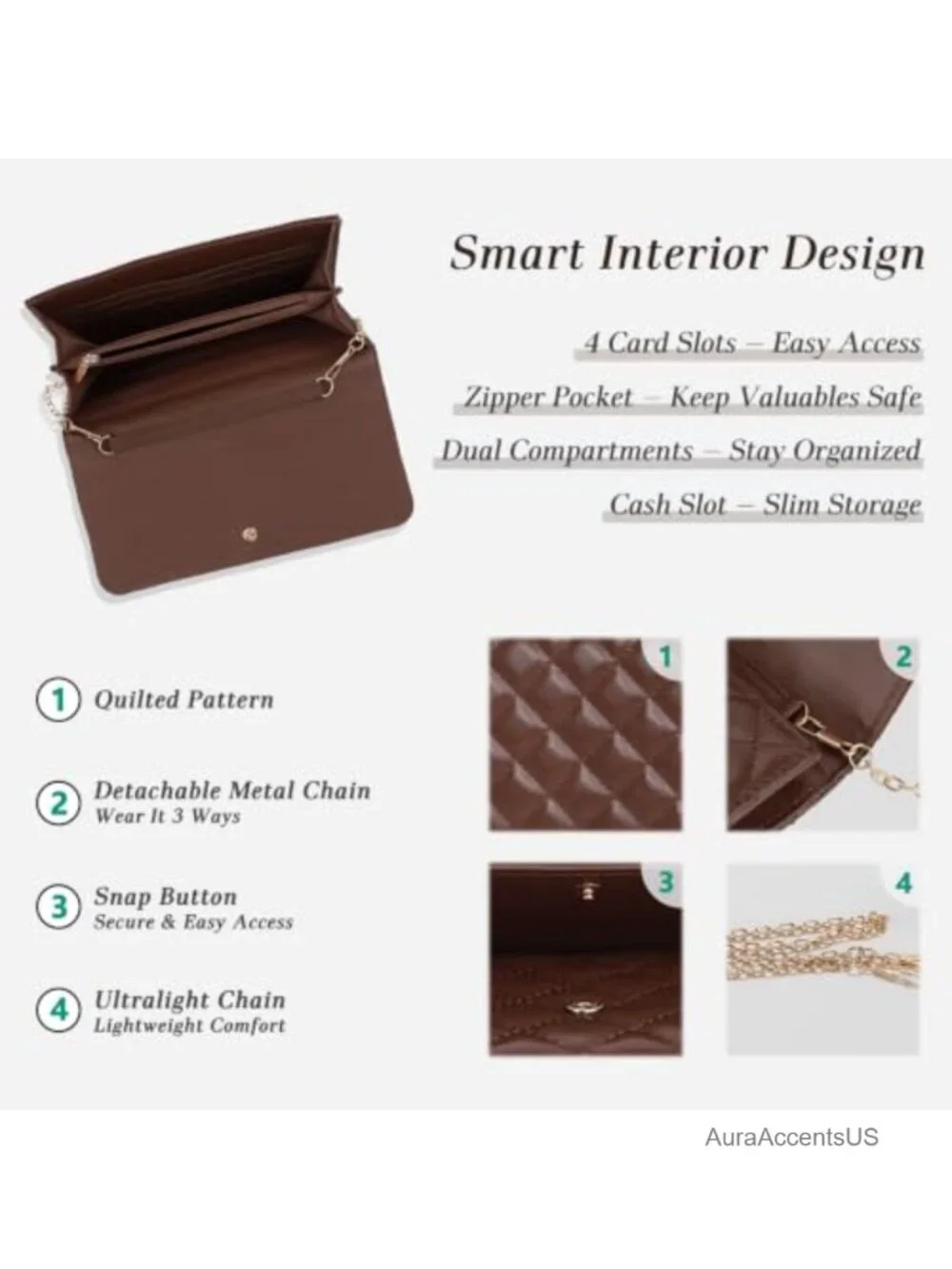 Small Crossbody Bag with Removable Chain, Mini Clutch, Card Slots